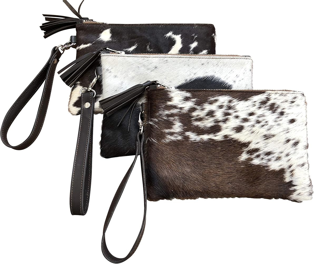 Real Cowhide Wristlet Clutch Purse Wallet Handbag Tricolor Black Leather Lined Double Sided 8.5"x5.5 | Amazon (US)