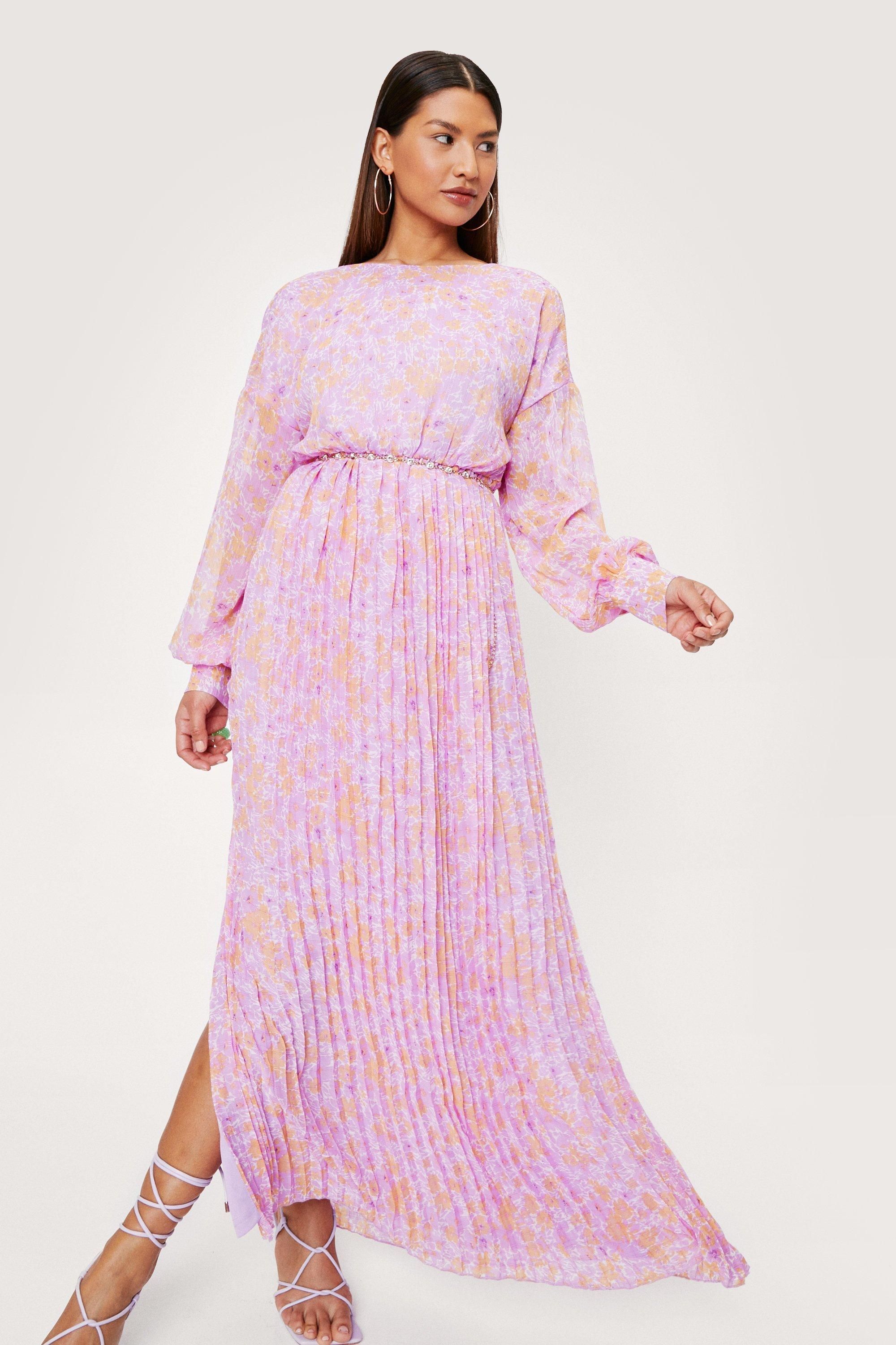 Pleated Skirt Balloon Sleeve Floral Print Maxi Dress | Nasty Gal (US)