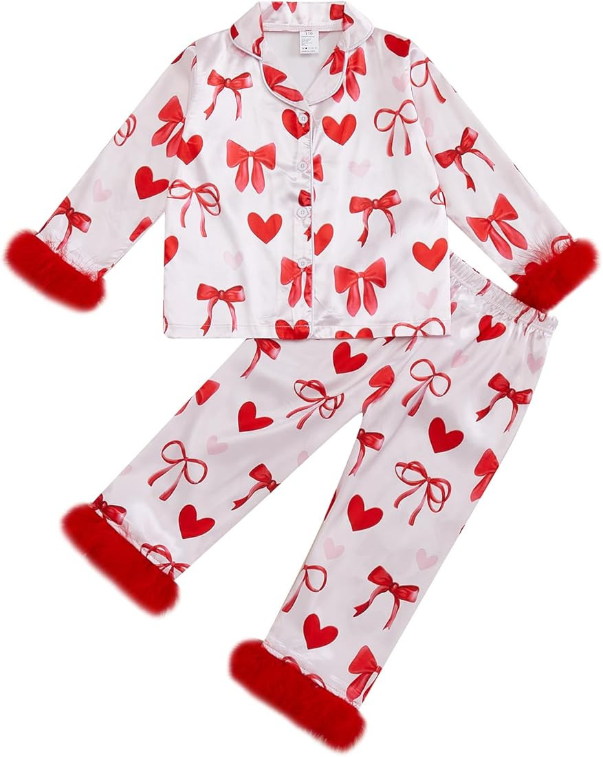 Kuriozud Toddler Kids Girl Valentines Day Satin Silk Pajamas Little Girl Feather Trim Sleeve 2 Pi... | Amazon (US)