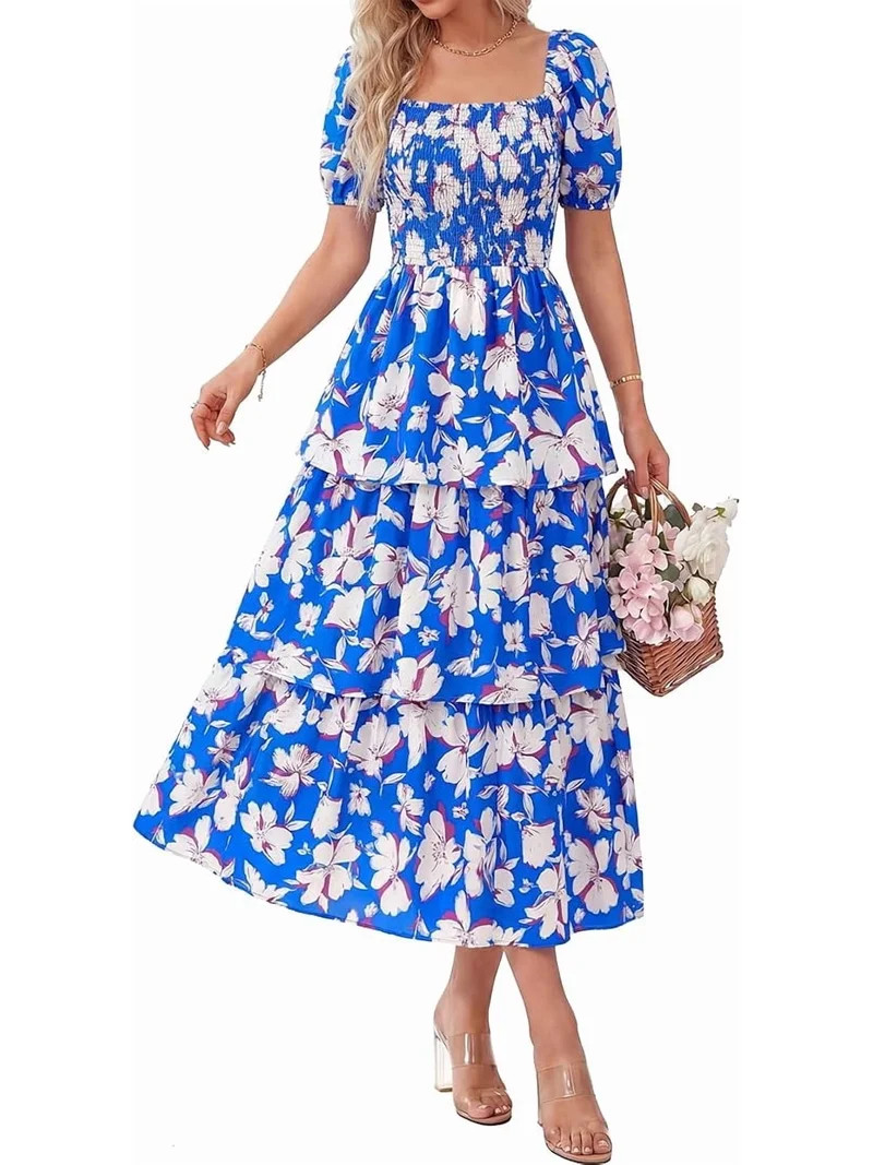 BTFBM Womens Square Neck Smocked Dress Summer Puff Short Sleeve Floral Casual Ruffle Tiered Maxi ... | Walmart (US)