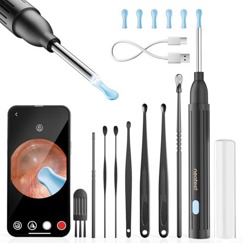 NEATEST Ear Wax Removal - Earwax Remover Tool with 8 Pcs Ear Set, 1296P HD Wireless Otoscope with 6 LED, Ear Cleaning Kit for iOS Android (Black) | Amazon (US)
