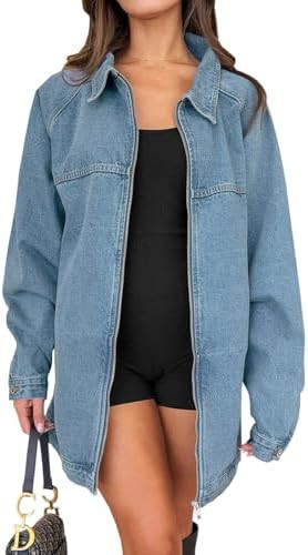 Tankaneo Womens Oversized Denim Jackets Casual Zip up Spring Long Sleeve Jean Jacket with Pocket | Amazon (US)