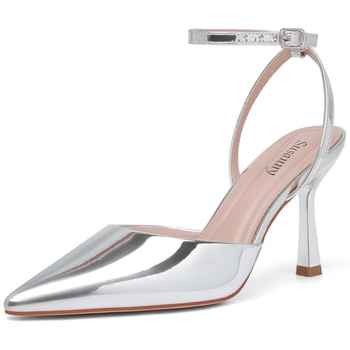 Susanny Silver Heels for Women Stiletto Closed Pointed Toe Backless Dress Shoes High Heels Sexy Kitten Pumps Wedding Guest Party Dance Prom Club Ankle Strappy Dressy Comfort Shoes 8.5 | Amazon (US)