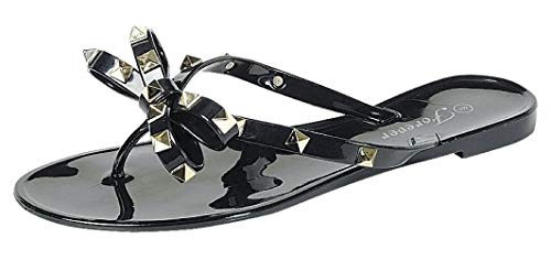 Forever Link Womens Studded Jelly Flip Flops Sandals with Bow, Black, 10 | Amazon (US)