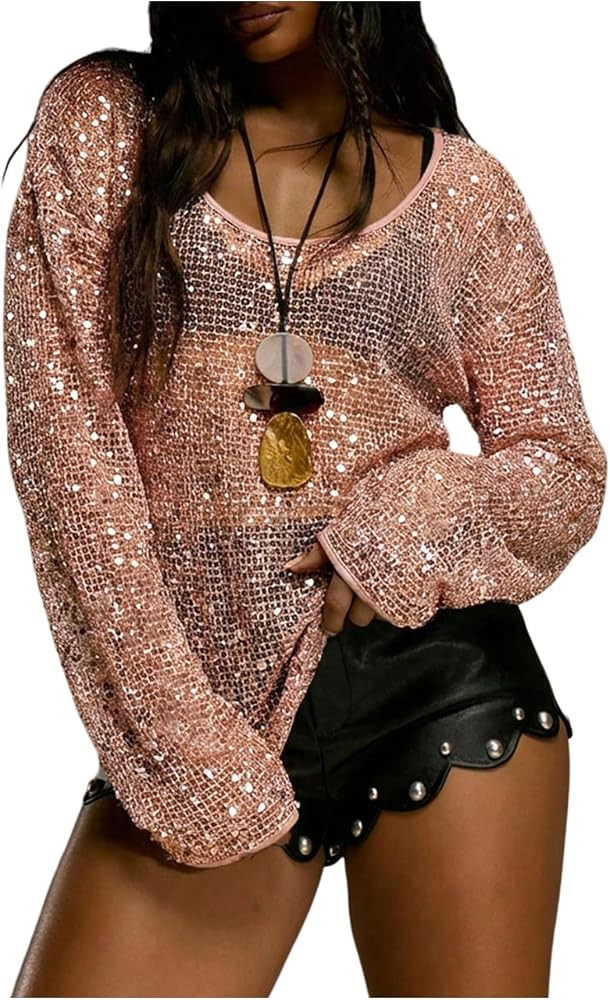 MakeMeChic - Blusa de mujer con lentejuelas de ganchillo, transparente, para cubrir traje de ba\u... | Amazon (US)