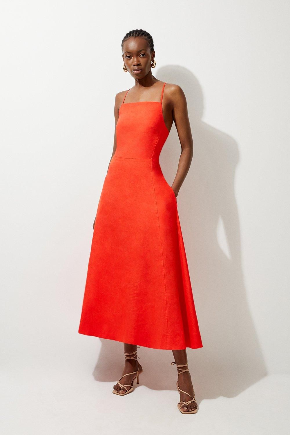 Premium Linen Tailored Halterneck Corset Back Full Skirt Midi Dress | Karen Millen UK + IE + DE + NL