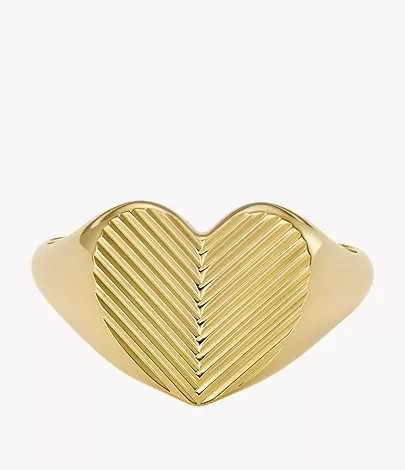 Harlow Linear Texture Heart Gold-Tone Stainless Steel Signet Ring | Fossil (US)