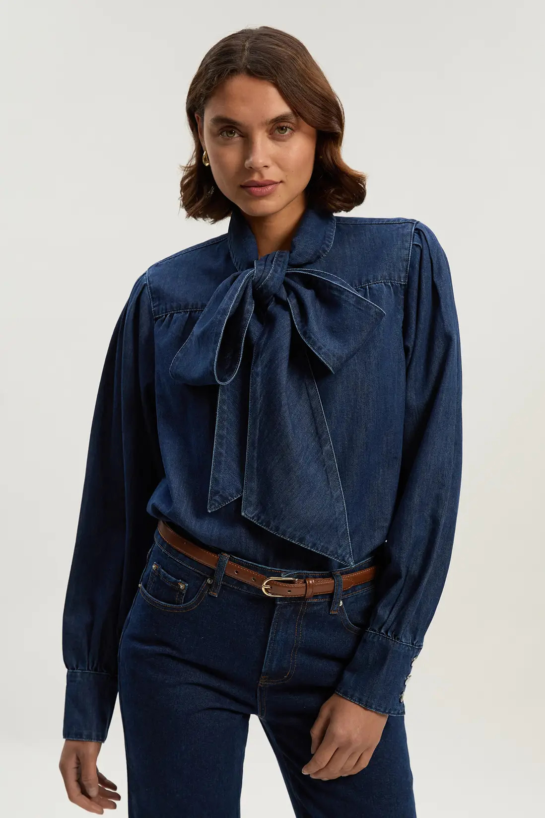 Tops | Denim Pussybow Blouse | KarenMillen | Karen Millen US