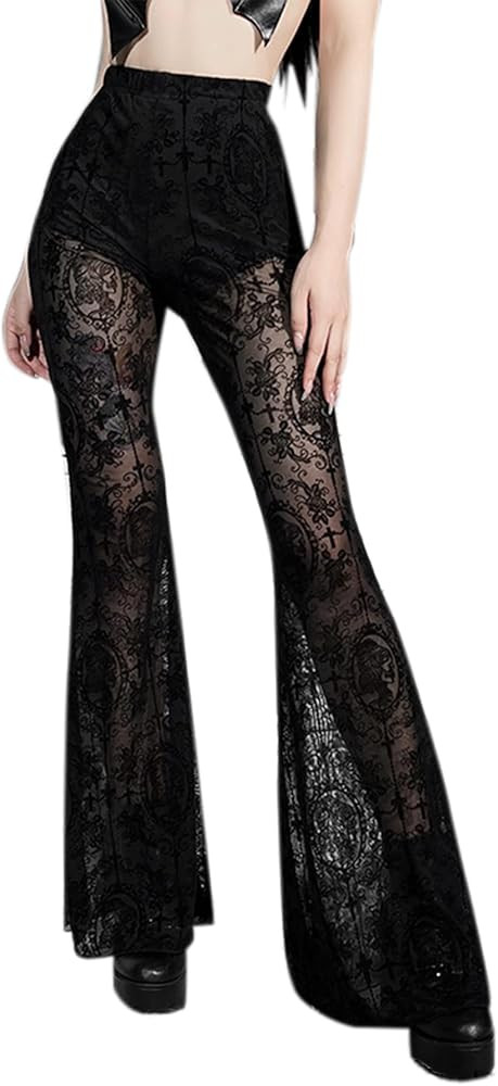 Women Goth Velvet Flare Pants Hollow Out Lace High Waist Bell Bottom Trousers | Amazon (US)