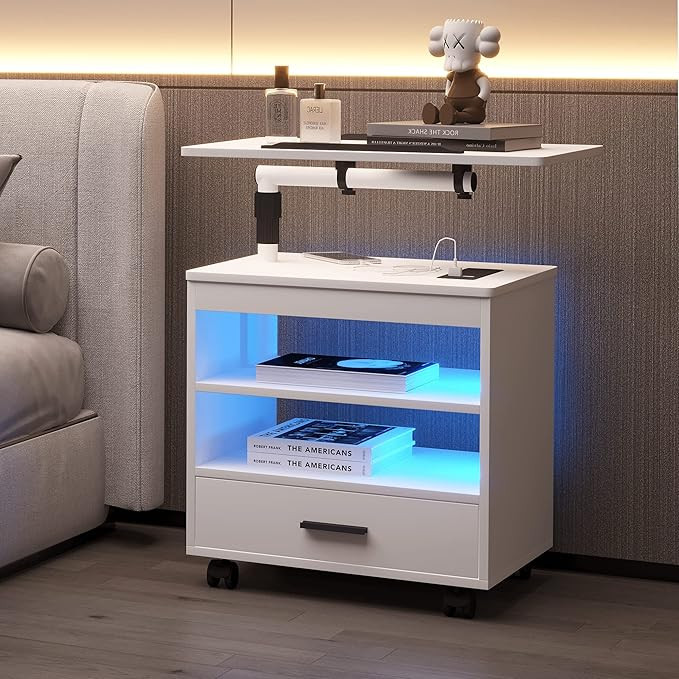 dnbss LED Nightstand with Outlet & Charging Station, Swivel Top Bedside Table with Wheels, Smart ... | Amazon (US)