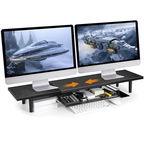 Dual-Computer-Monitor-Stand-Riser For Desk, Expandable Desk Shelf With Drawer For 2 Monitors, Desk Accessories & Workspace Organizers,TV Riser, Desktop Double Laptop Riser With Storage | Amazon (US)