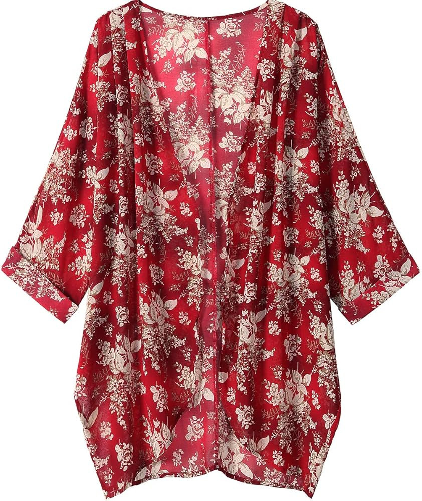 Women's Floral Print Sheer Chiffon Loose Kimono Cardigan Capes | Amazon (US)