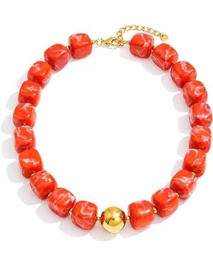 Colorful Beaded Choker Necklace for Women: Boho Large Square Acrylic Beaded Necklace Stainless St... | Amazon (US)