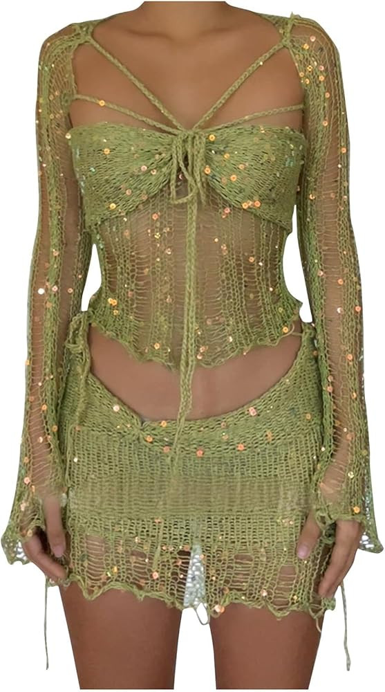 Women Beach Matching Top Skirts Swimwear Kimono Cover Up Sets for Women Swimwear Sets | Amazon (US)