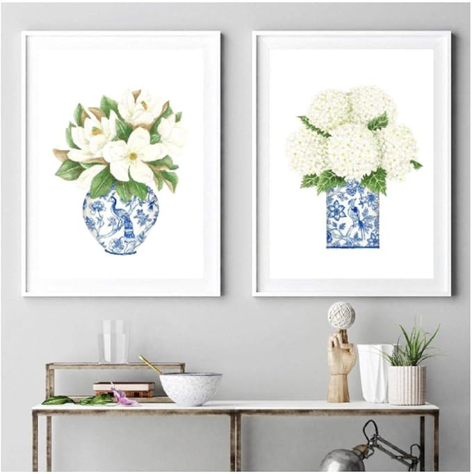 YGACJ Blue and White China Magnolia Hydrangea Prints Chinoiserie Art Canvas Painting Gallery Wall... | Amazon (US)