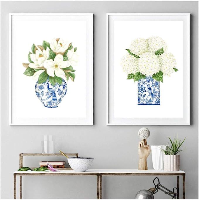 YGACJ Blue and White China Magnolia Hydrangea Prints Chinoiserie Art Canvas Painting Gallery Wall... | Amazon (US)