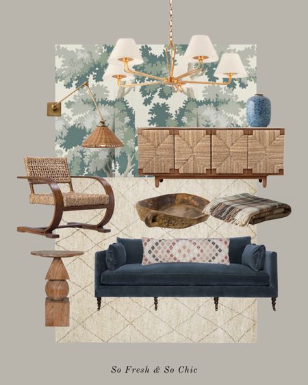 Eclectic living room inspiration from Lulu & Georgia.
-
Teal velvet living room sofa - oversized lumbar throw pillow - carved wood accent table - woven sideboard -  blue ceramic vase - neutral Moroccan rug - rattan shade wall sconce - task lamp wall sconce - white shade chandelier - tree wallpaper green - scalamandre Raphael wallpaper 

#LTKhome #LTKFind