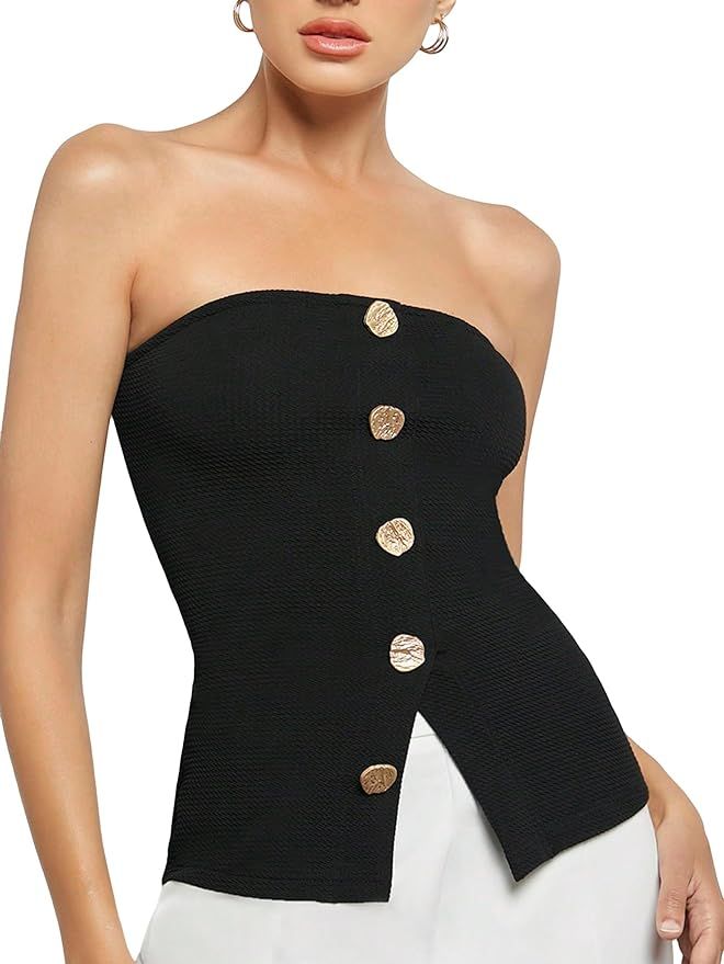 Floerns Women's Button Front Sleeveless Strapless Bandeau Split Hem Tube Top | Amazon (US)