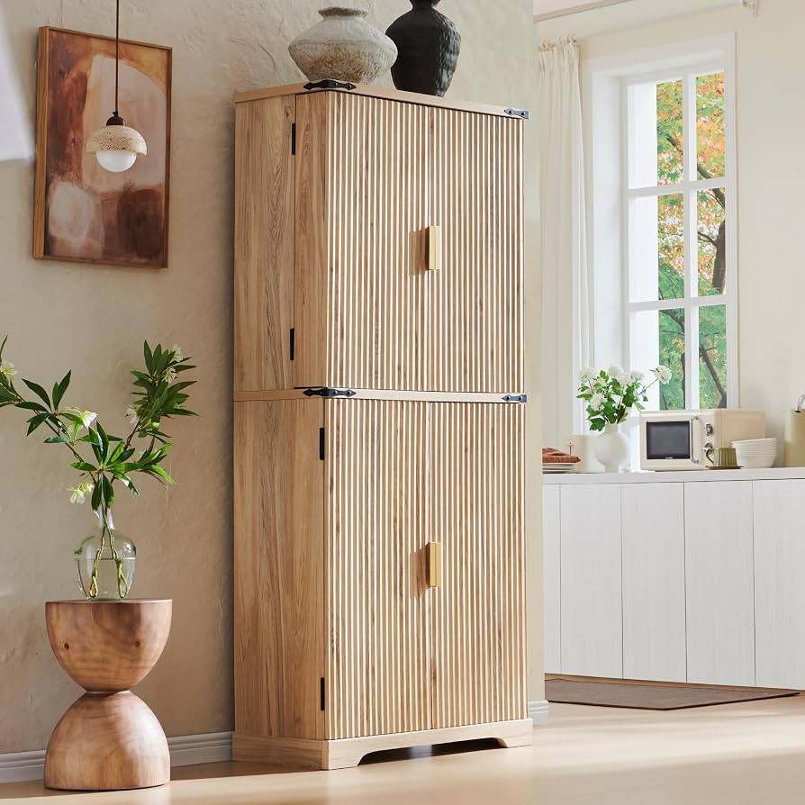 Fluted Pantry Cabinet, 72" Tall Modern Storage Cabinet with 4 Doors, Organizer, Drawer and Adjust... | Amazon (US)