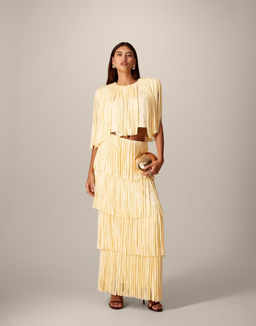 ARRANGE fringe tiered top with shoulder pad in butter yellow (Part of a set) | ASOS (Global)