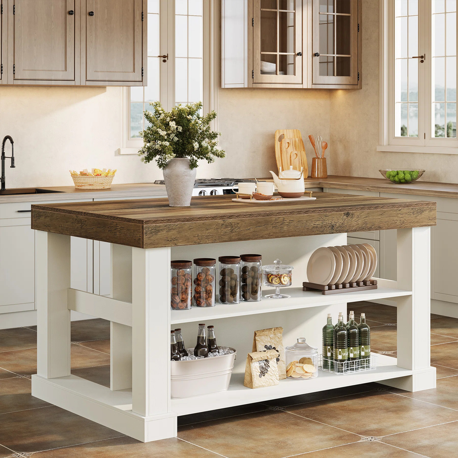 Kitchen Island With Storage Shelves, 55 Inch Kitchen Shelf With Large Worktop, Stable Wooden Stru... | Wayfair North America