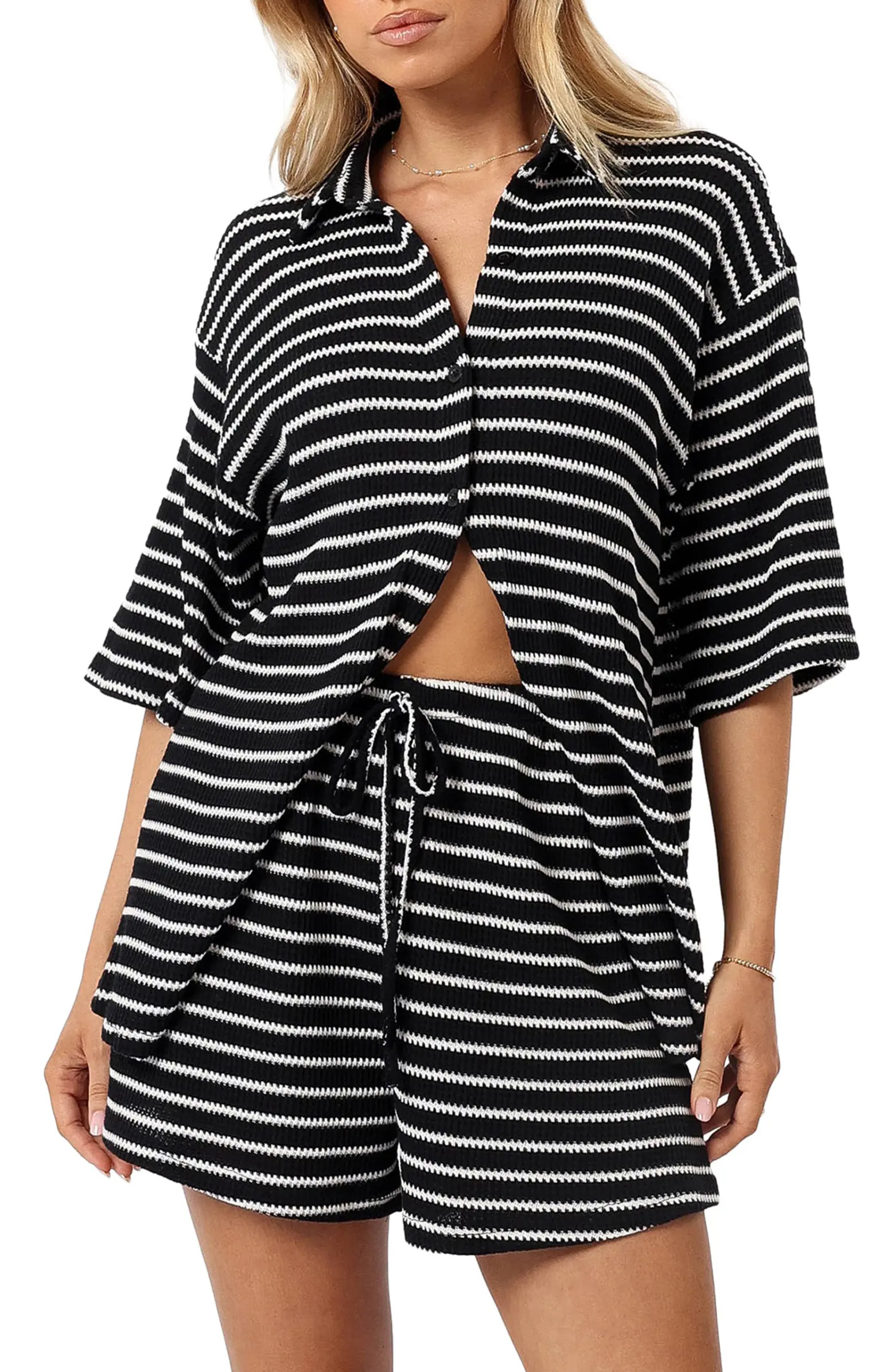 Linnea Stripe Cotton Knit Button-Up Shirt & Shorts Set | Nordstrom