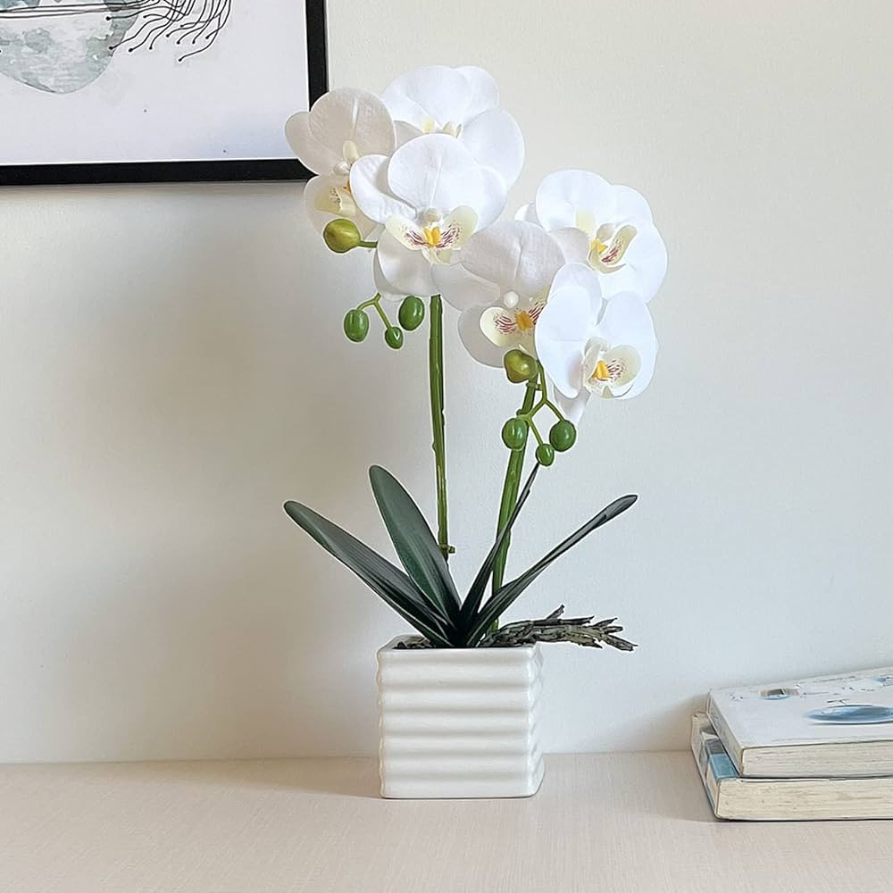 Artificial Orchids for Home Decor Indoor Silver Vase Orchids Artificial Flowers(White） | Amazon (US)