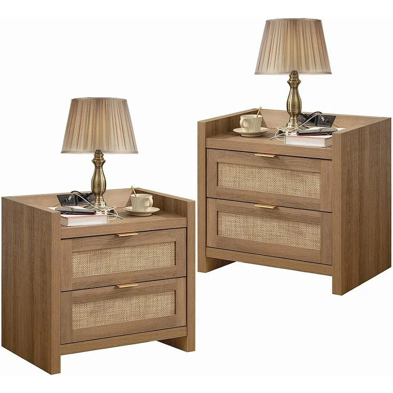 Sanspredet Rattan Nightstand Set of 2 Bedside Table with USB Type-C Charging Station Modern End S... | Walmart (US)