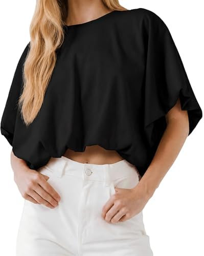 Women's Bubble Hem Crop Tops Summer Short Sleeve Crewneck Loose Fit Casual Cropped T Shirts Soft ... | Amazon (US)
