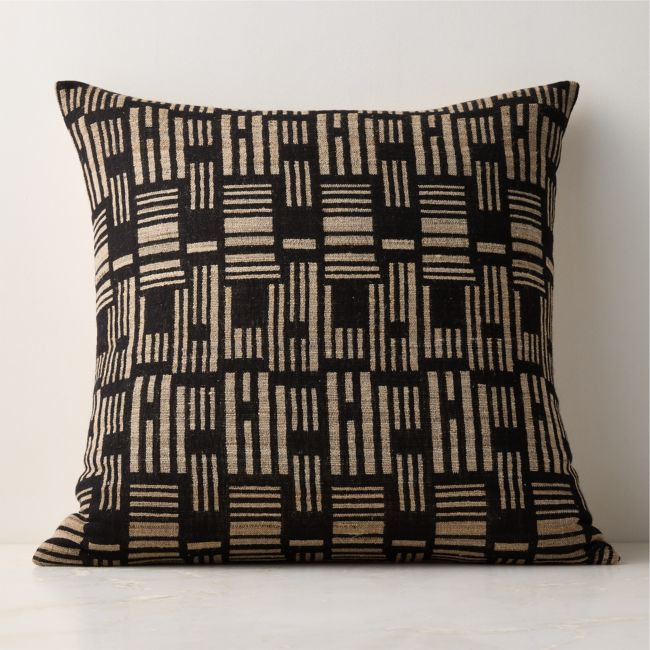 Melrose Black with Sand Woven Jacquard Wool and Silk Throw Pillow with Feather-Down Insert 23""x23 | CB2