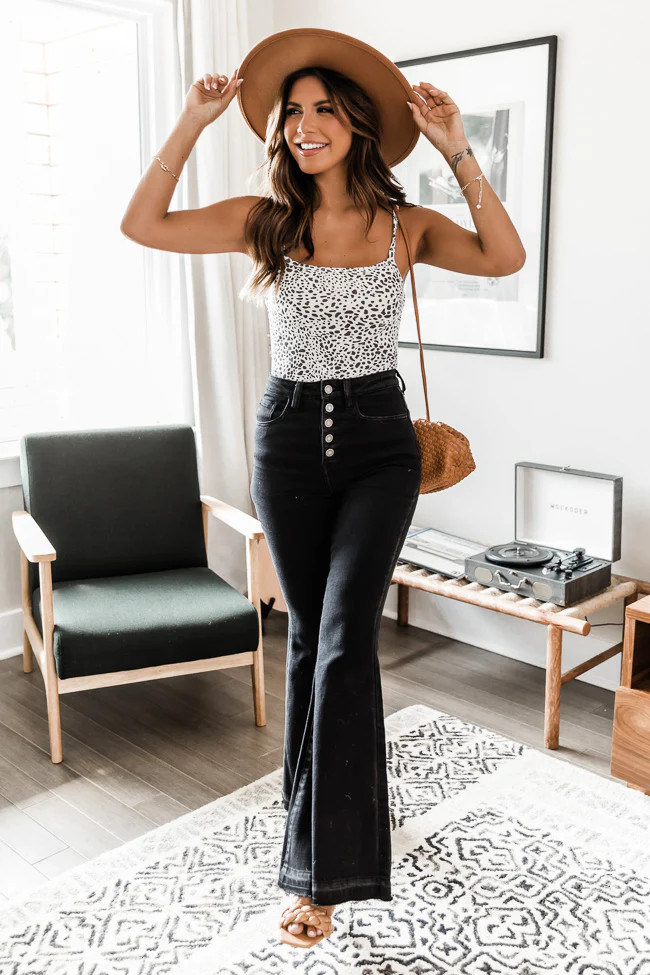 Camille Black Frayed Hem Flare Jeans | Pink Lily