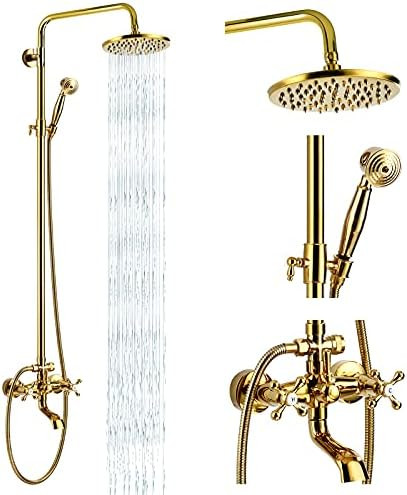 Exposed Shower Faucet Set 8 Rain Shower 2 Double Knobs Handle Gold Polish Triple Function Tub Spo... | Amazon (CA)