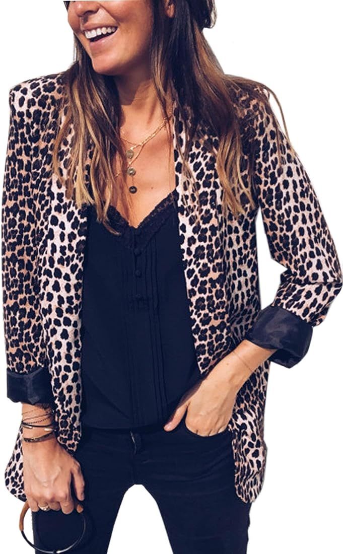 Angashion Womens Casual Long Sleeve Leopard Print Open Front Office Blazer Suit Jacket Coat | Amazon (US)