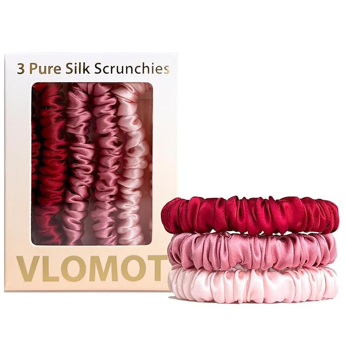 3 Pcs Set 100% Pure Mulberry Silk Hair Scrunchies Hair Ties with 3 Chic Colors Everyday Skinny Sc... | Amazon (US)