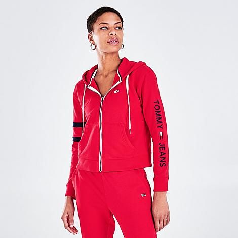 Tommy Jeans Women's Linear Logo Full-Zip Hoodie in Red/Scarlet Size Medium 100% Cotton/Fleece | Finish Line (US)