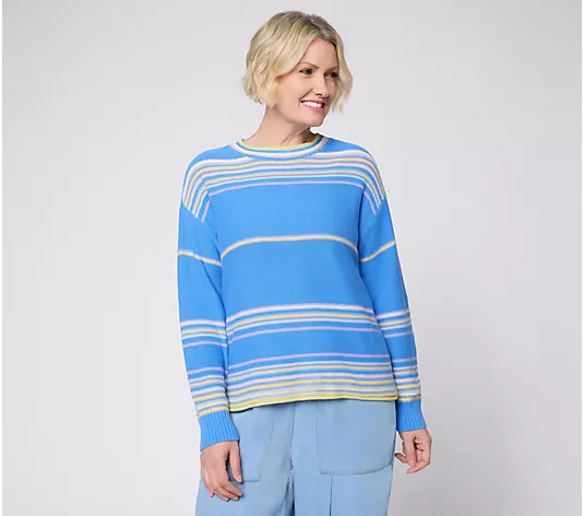 Peace Love World Striped Cotton Crew Neck Sweater - QVC.com | QVC