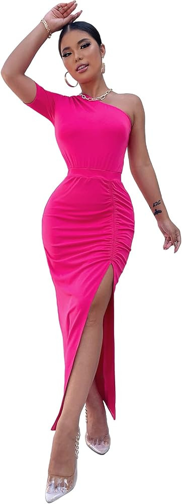 Milumia Women's Sexy One Shoulder Ruched Split Thigh Short Sleeve Maxi Party Dress | Amazon (US)