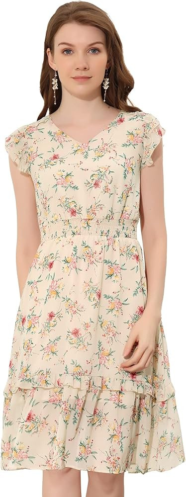 Allegra K Women's Floral Dress Flutter Sleeves 2023 V Neck Smocked Ruffle Dress | Amazon (US)