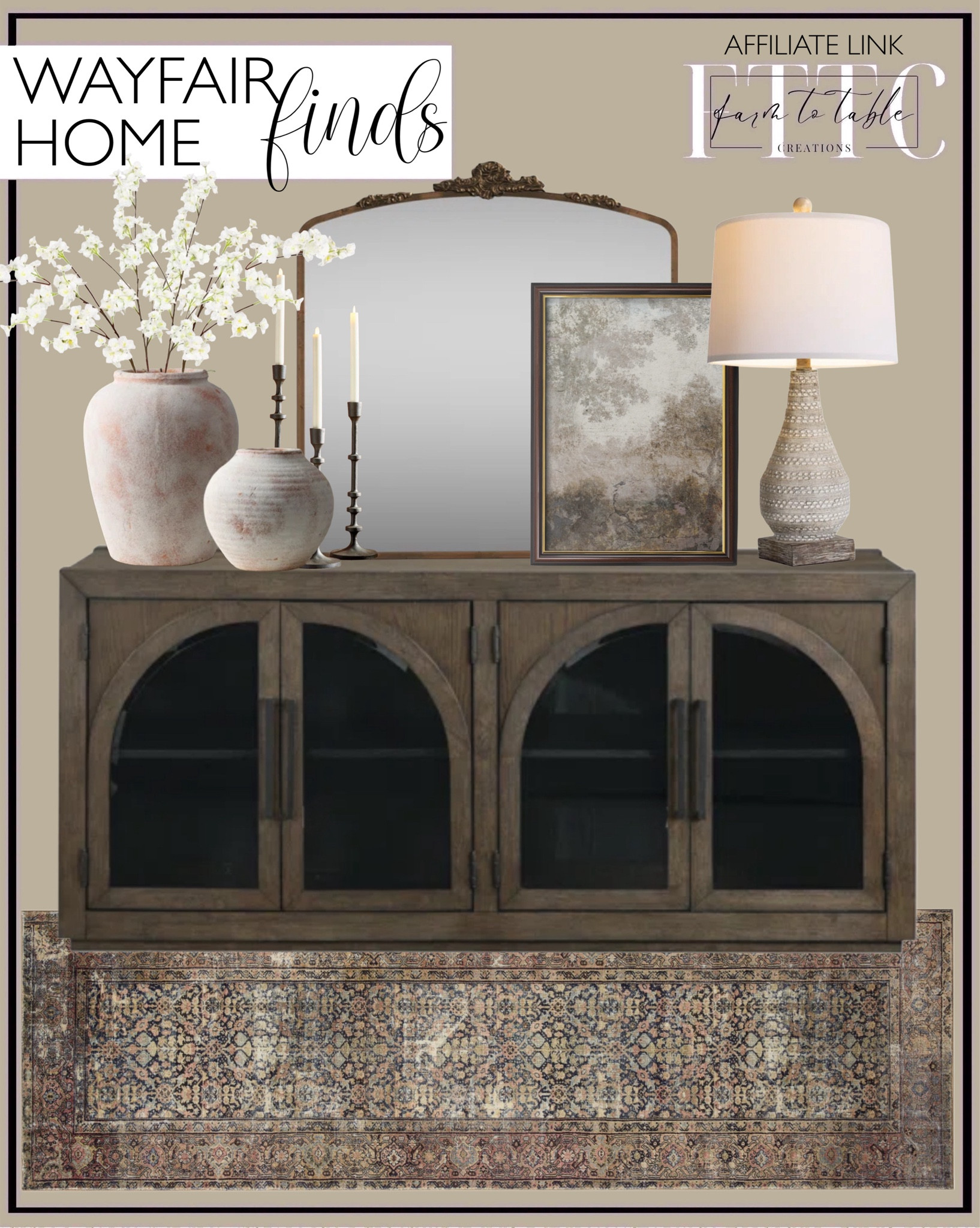 Wayfair Home Finds. Follow @farmtotablecreations on Instagram for more inspiration.

Ashara 70'' Sideboard Media Console. Amber Lewis x Loloi Morgan Denim/Multi Rug. Valdese Handmade Stoneware Table Vase (Set of 2). Arched ornate mirror. " Fresco Collage II " Painting Print. Ginny Taper Holders. Antyone 24.8" Retro Resin Lamp. Floral Stems. 

Wayfair. Wayfair Home. Wayfair Decor. Neutral Console Table. Console Table Decor. Arched Cabinet. Living Room Decor. Living Room Finds. Home Decor. Neutral Decor. 

#LTKFindsUnder50 #LTKSaleAlert #LTKHome