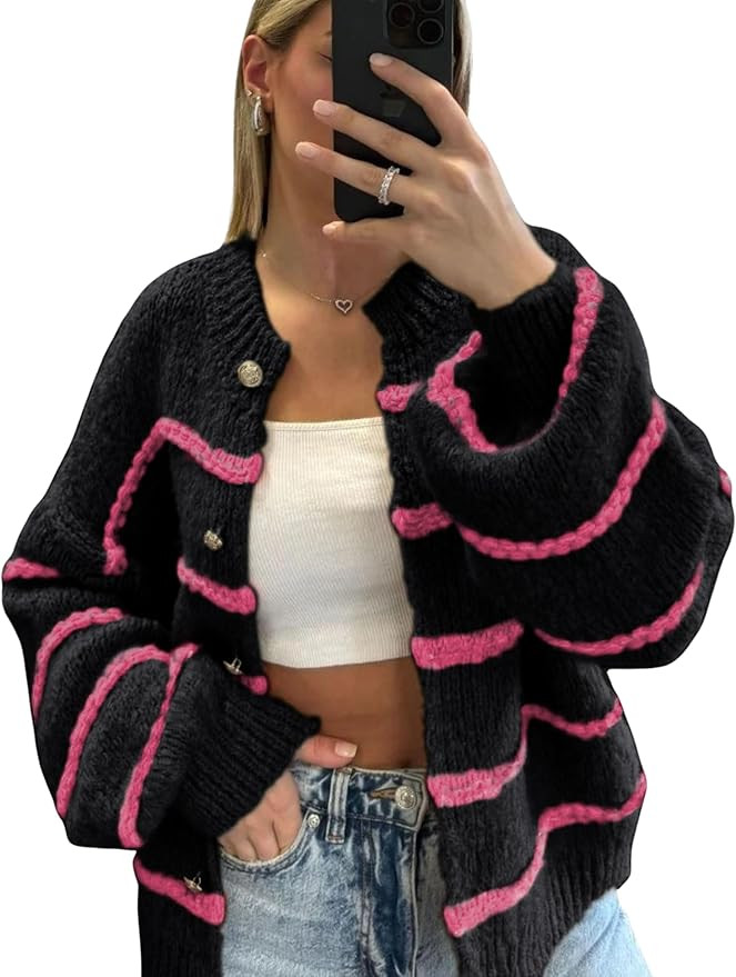 QIBABU Womens Striped Cardigan Sweaters Casual Open Front Long Sleeve Button Down Knit Outwear | Amazon (US)