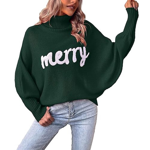 Muineobuka Women Merry Sweaters Turtleneck Long Sleeve Letter Embroidery Loose Knitted Pullover Merry Christmas Sweater Dark Green | Amazon (US)
