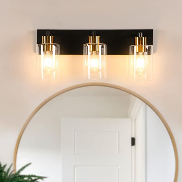 Black Bathroom Light Fixtures, 3 Light Modern Vanity Light with Clear Glass Shade for Mirror, Kit... | Amazon (US)