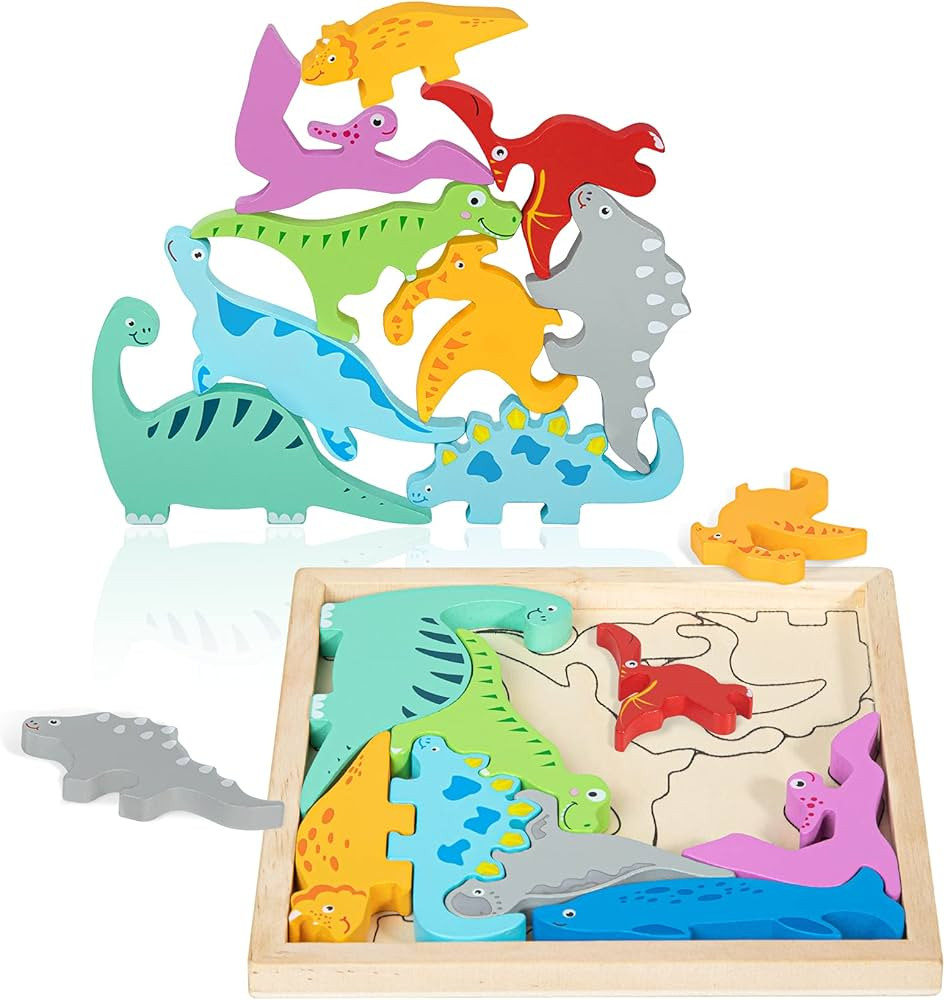 Wooden Dinosaur Puzzles for Toddlers 2-4, Stacking Dinosaur Blocks Toys for Kids 3-5, Toddler Mon... | Amazon (US)