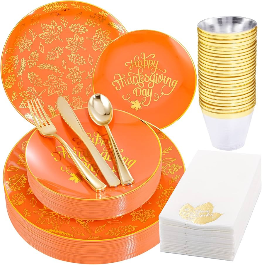 Nervure 175PCS Thanksgiving Plates - Orange and Gold Disposable Plates Include 25Dinner Plates, 2... | Amazon (US)