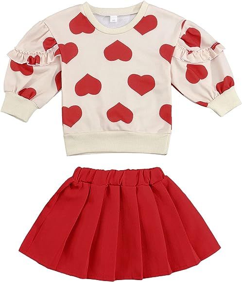Kids Toddler Girl Heart Printed Sweatshirt Pullover Top Pleated Skirt Valentine's Day Outfit | Amazon (US)