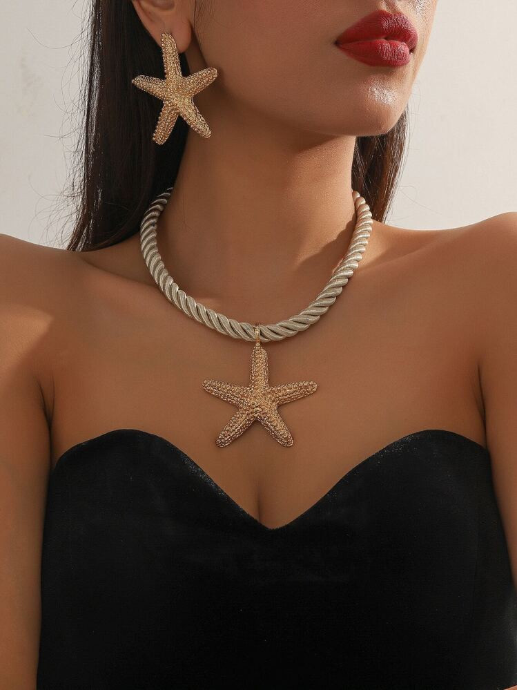 1 set of 3 pieces simple fashion starfish pendant necklace marine style exaggerated earrings pers... | SHEIN