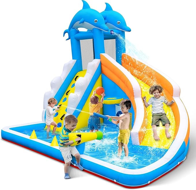 Inflatable Water Slide,5 in 1 Dolphin Inflatable Bounce House for Kids- Climbing Wall Splash Pool... | Amazon (US)