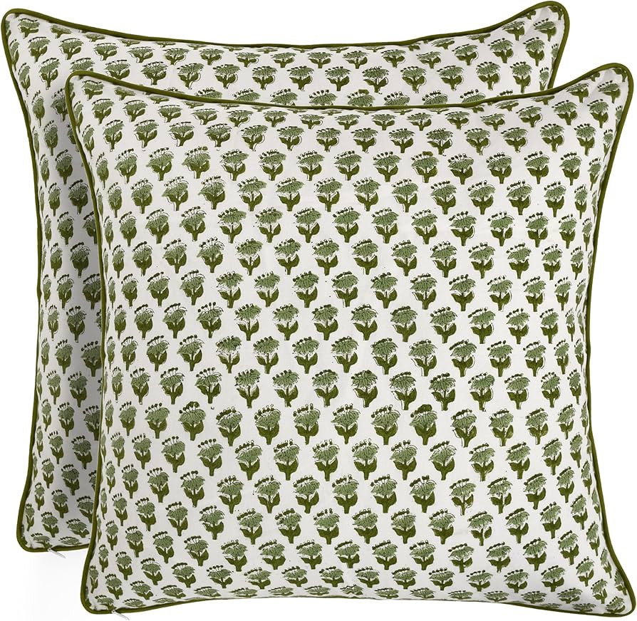 CPC Throw Pillow Covers 20x20 Inch, Set of 2 Green Block Print Pattern Couch Pillow, Cute Decorat... | Amazon (US)