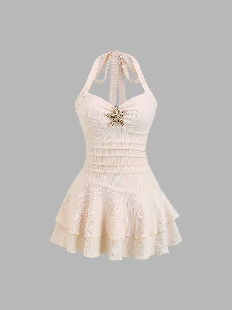 Sweetra Women's New Spring/Summer Suitable For Beach Vacation Elegant Textured Fabric Halter Neck Tie Front Ruched Metallic Decor Tiered Ruffle Hem Playful Mini Dress | SHEIN