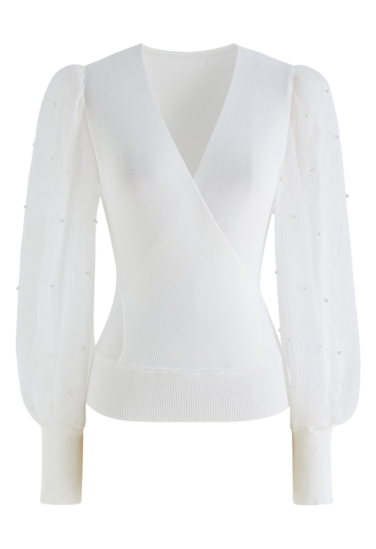 Pearl Puff Sleeve Spliced Faux-Wrap Top in White | Chicwish